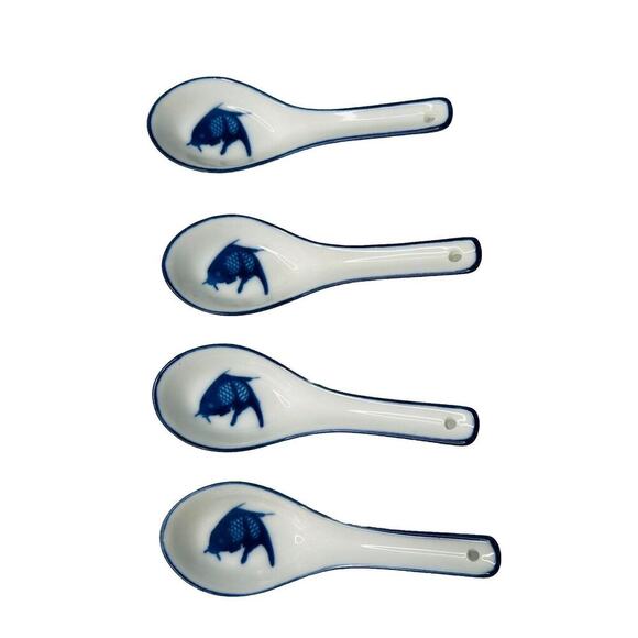4 Misty Rose Koi Fish Soup Spoons Ladles Porcelain Blue Super White China Fish - Picture 1 of 5